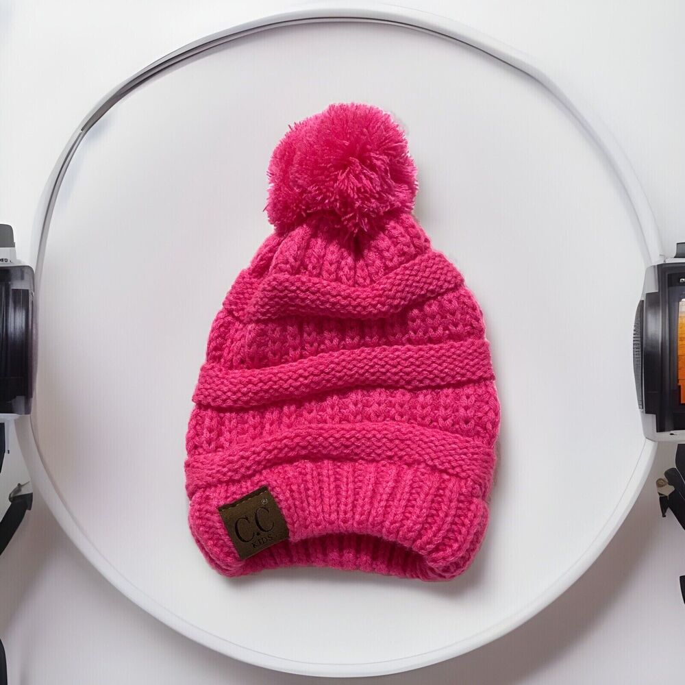 C.C Kids Exclusive Barbie Preppy Pink Beanie Pom Pom Girls Hat Pink Knit EUC